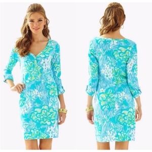 Lilly Pulitzer Palmetto Dress M Lagoon Green Wave Rider Print Pima Cotton V-Neck